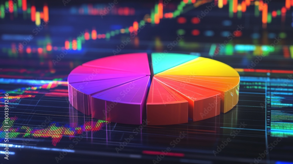 Fototapete a dynamic financial pie chart with segmented slices, showing investment portfolio allocation, overla