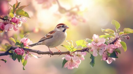 A cute little sparrow perched on the branch of an apple tree, surrounded by blooming pink flowers. The background is blurred with soft sunlight 