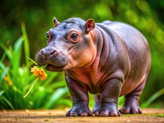 Fototapeta premium Adorable Baby Hippo Holding a Flower in Soft Colors Symbolizing Innocence and Playfulness