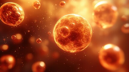 Naklejka premium Abstract Cosmic Spheres Radiate with Fiery Energy, a Celestial Tapestry of Glowing Orbs in a Sea of Orange and Gold
