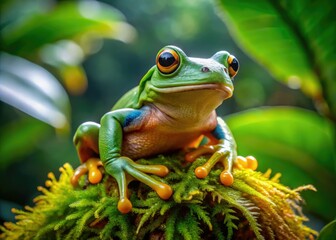 A vibrant green tree frog perches on a moss-covered leaf, its large golden eyes blinking slowly, surrounded by lush tropical foliage and soft, warm light.
