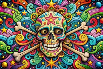 A vibrantly colored, whimsical cartoon skull with a mischievous grin and crossed bones, surrounded by swirling patterns and stars, exudes a playful, edgy atmosphere.