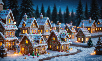 A charming gingerbread village is illuminated under a starry night sky
