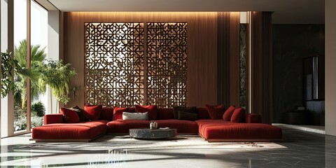 modern open plan room with luxury dark red soft sofa and elegant wooden partition with arabic ornament intricate carving 