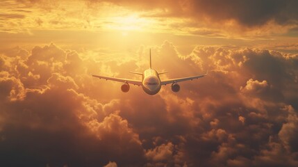 Fototapeta premium A dynamic image of a commercial jet soaring into the sky at sunrise, with the golden rays illuminating the aircraft, creating a dramatic and inspiring scene.