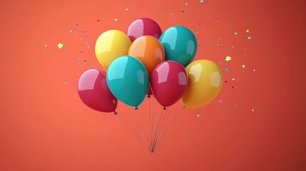 Obraz premium A cluster of colorful balloons, tied together and floating against an orange backdrop, surrounded by confetti, symbolizing joy and celebration.