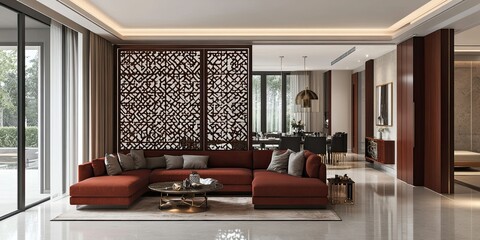 modern open plan room with luxury dark red soft sofa and elegant wooden partition with arabic ornament intricate carving 