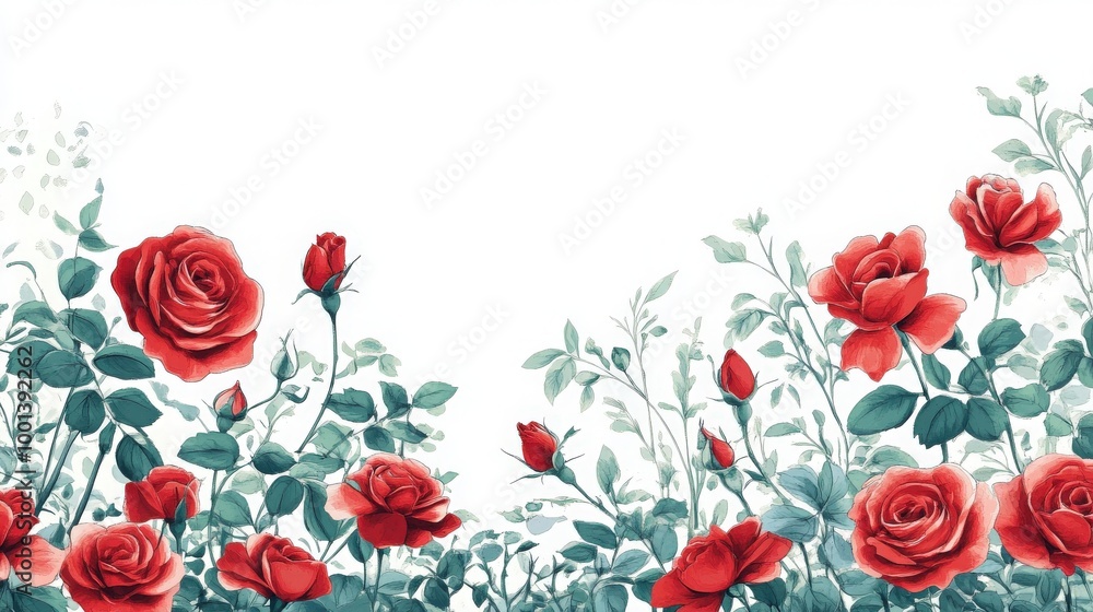 Wall mural delicate red rose floral border featuring detailed petals and green plant elements. the vibrant colo