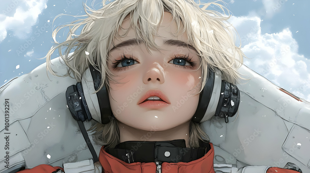 Poster Anime Girl with Headphones Looking Up at the Sky