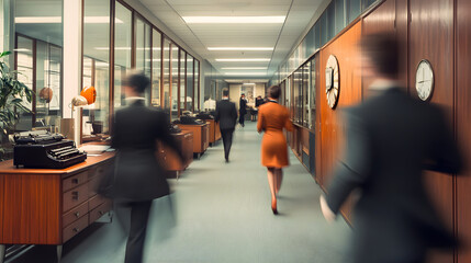 Business vintage office blurred people in formal suit  having a meeting. Working culture chill happy enjoy workplace work life balance plant women men employee busy old style 70s 80s 