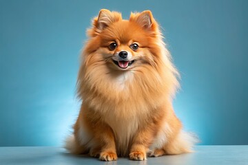 Adorable brown pomeranian sitting gracefully on a soft surface with an expressive and fluffy coat