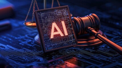A digital illustration representing the challenges of AI regulation. Include a large judge's scale in the center, symbolizing justice and legal issues, 