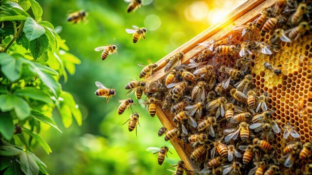 A vibrant, thriving beehive overflows with busy honeybees collecting nectar, pollen, and honey within the intricate hexagonal wax cells, surrounded by lush green foliage.