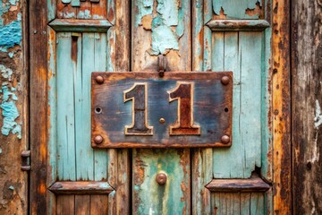 A vintage metal house number 11 sign hangs crookedly on a distressed wooden door, surrounded by peeling paint and rusty door hinges in a rustic setting.