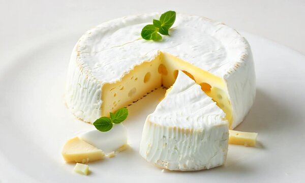 Fresh cheese wheel on white background