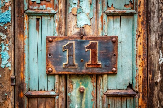 A vintage metal house number 11 sign hangs crookedly on a distressed wooden door, surrounded by peeling paint and rusty door hinges in a rustic setting.