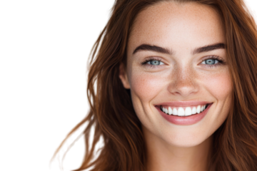 A woman with a smile on her face and a full set of teeth. on transparent background png