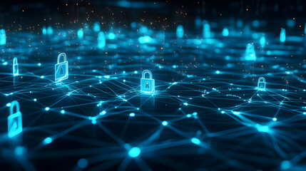 digital illustration of cybersecurity network internet system web data centre protection padlock symbol neon lights. Science technology circuit abstract business finance cyber security hacker hack