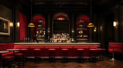 Classic Bar Interior Design with Red Booths and Wooden Floors