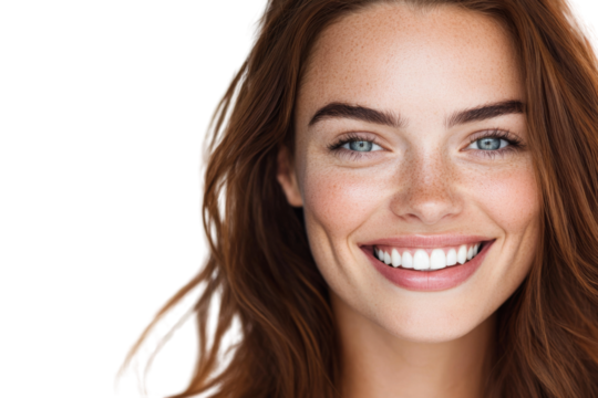 A woman with a smile on her face and a full set of teeth. on transparent background png