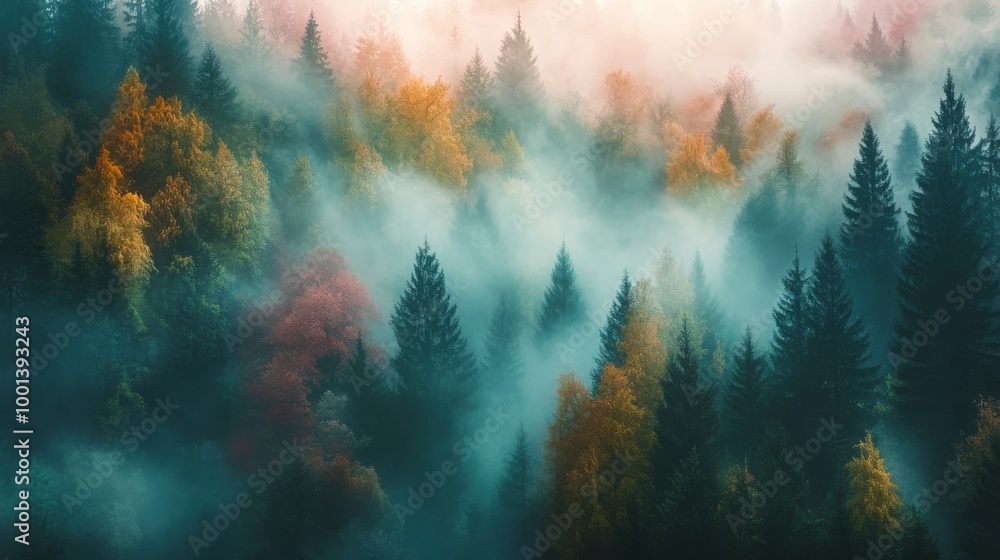 Wall mural Dense fog in a dark forest creates a surreal landscape, highlighted by striking, beautiful colors