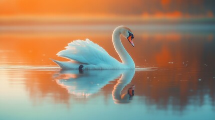 Fototapeta premium A serene swan gliding on a tranquil lake at sunset, reflecting colorful hues.