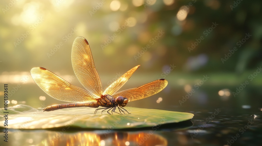 Poster a dynamic scene of a dragonfly resting on a leaf near a serene pond, with its iridescent wings glist