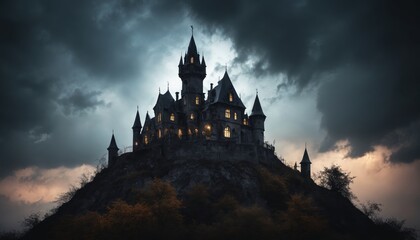 Mysterious castle atop a hill illuminated by moonlight under a dramatic night sky with swirling clouds