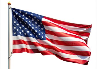Obraz premium A waving Stars and Stripes flag with bold red and white stripes and blue canton with white stars, symbolizing freedom and patriotism, isolated on a white background.
