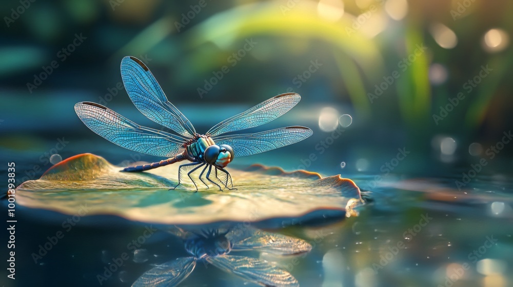 Aufkleber a dynamic scene of a dragonfly resting on a leaf near a serene pond, with its iridescent wings glist