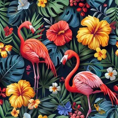Brazilian Flamingo and Tropical Birds with Colorful Floral and Leaf Vector Illustration