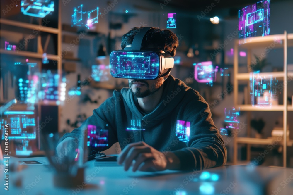 Poster virtual reality designer engaged in immersive 3d environment creation within a modern studio setting