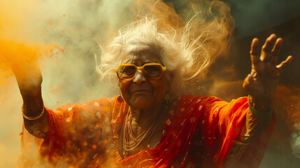 Dynamic portrait of an elderly Indian woman dressed in vibrant orange clothing, joyfully throwing colorful powder into the air. Her expressive pose and flowing white hair add energy to the scene