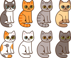 Cute cartoon cats set, different breeds and colors. Funny kittens sitting, simple hand drawn illustration. © sudowoodo