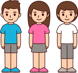 Cute cartoon boy in blue shirt, girl in pink shirt and kid in unisex clothes. Children gender expression. Simple flat illustration.