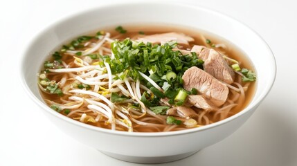 A dynamic shot of a bowl of noodle soup with clear broth, garnished with green onions, bean sprouts, and slices of meat, placed on a white background.