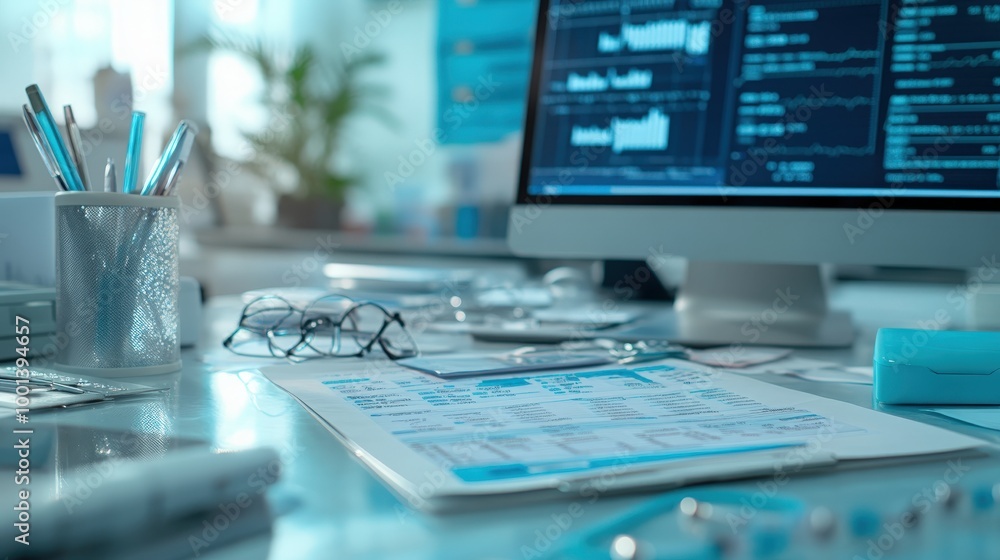 Poster detailed view of medical bill codes and data on a digital spreadsheet. office scene with neat worksp