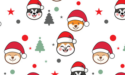 Cute Christmas Dog Faces Pattern Vector | Festive Holiday Dog Design | Seamless Christmas Background Illustration | Christmas Dog Faces Pattern Vector | Santa Hat Dog Clipart
