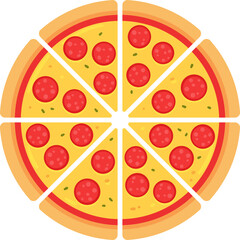 Pepperoni pizza cut into eight slices.  Cartoon illustration.