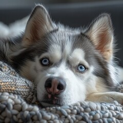 Obraz premium Cute and Adorable Siberian Husky Puppy Relaxing on Sofa at Home - Happy and Cheerful Domestic Pet in Comfortable Indoor Room