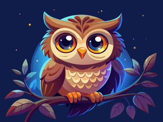 Obraz premium A happy little owl with wide, gleaming eyes, perched on a branch, against a solid dark blue background for a whimsical night-time vibe