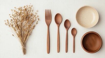 Natural utensils and bowls arranged with dried flowers on a white background.