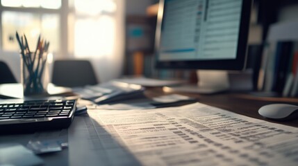 Detailed view of medical bill codes on a spreadsheet. Office environment with financial paperwork, computer, and organized workspace