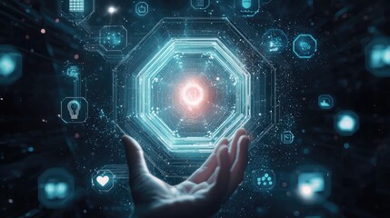 A glowing AI symbol inside a hexagon at the center of the image, surrounded by various tech-related icons like cloud computing, data security, 