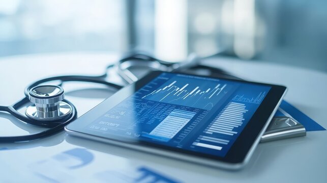 Detailed view of medical billing data and codes on a tablet. Office background with financial charts and modern technology