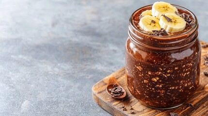 A jar filled with chocolatey oats topped with banana slices, resting on a wooden board against a gray background.