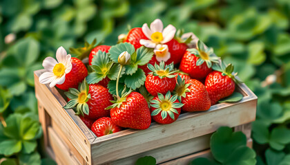 Ai generative beautiful strawberry in a wooden box suitable for use as images in designs