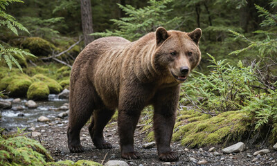 Fototapeta premium A large brown bear walks through a lush green forest near a stream