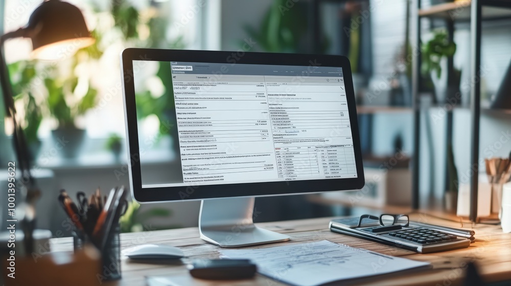 Poster detailed view of online tax forms and invoice software on a desktop monitor. modern office backgroun