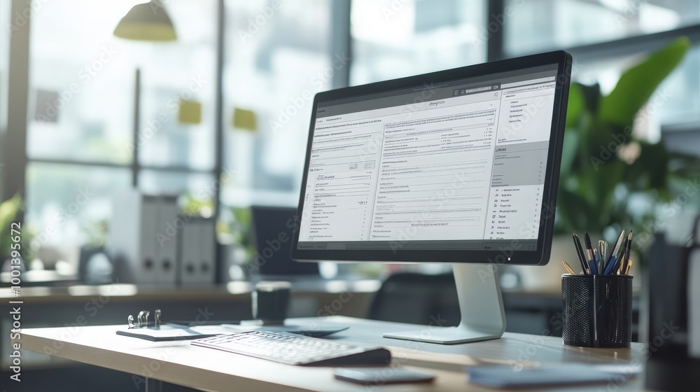 Poster detailed view of online tax forms and invoice software on a desktop monitor. modern office backgroun